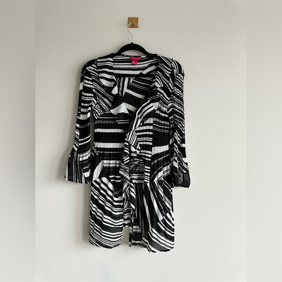 Sunny Leigh Y2K Open Front Black & White Ruffle Tunic Top | Bell Sleeve Size L - Picture 1 of 7